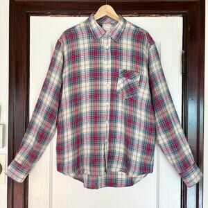 Billy Reid Red, Blue, Cream Plaid Linen Button Down Shirt- Size Men's Large